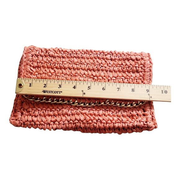 H & M Women's Orange Straw Woven Magnetic Clutch Zip Fold Over Purse 9" - Picture 7 of 8